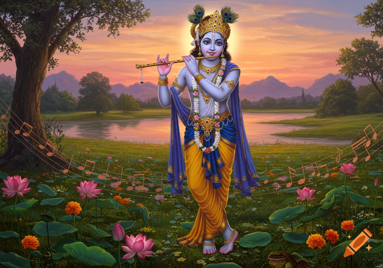 Purple-skinned Krishna playing a flute in a lush green landscape with a river and sunset, surrounded by pink lotus flowers and floating musical notes.