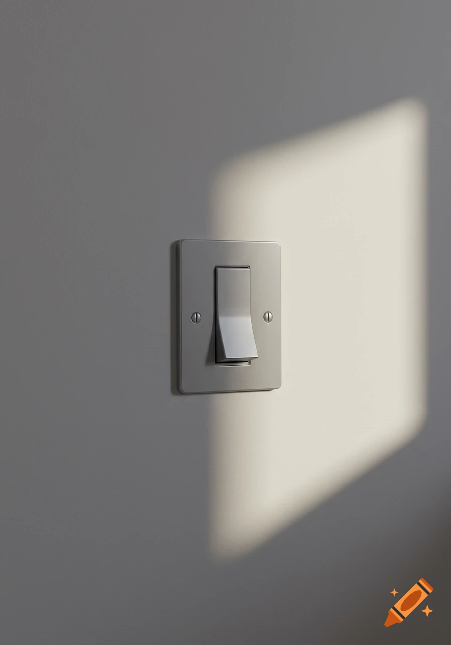 A close-up, photorealistic view of a gray light switch on a wall with sunlight creating a diagonal shadow.