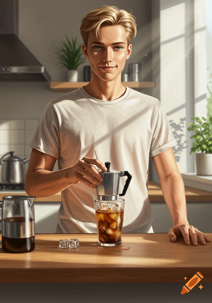 Young man with blonde hair making iced coffee in a kitchen, digital art.