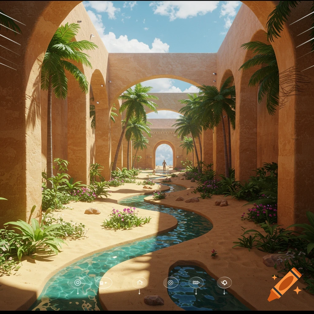 A rendered image of a desert oasis paradise with tall arches, palm trees, a winding stream, and a person walking in the distance.