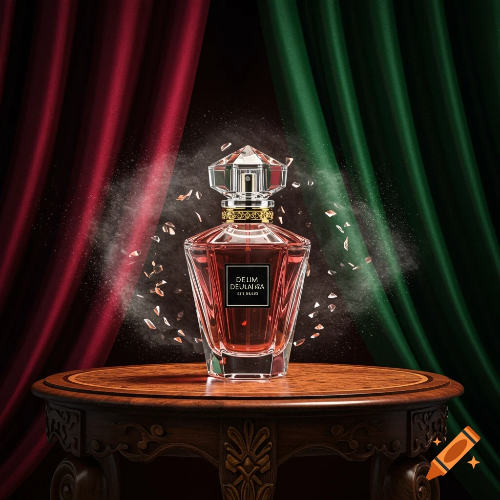 A photorealistic perfume bottle with a red liquid and faceted cap sits on a wooden table with red and green curtains in the background.
