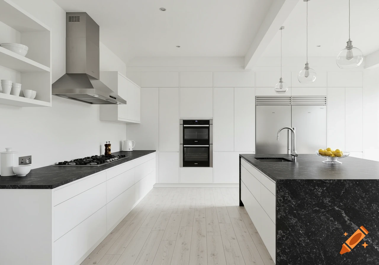 A modern kitchen with white cabinets, dark countertops, stainless steel appliances, and light wood flooring.