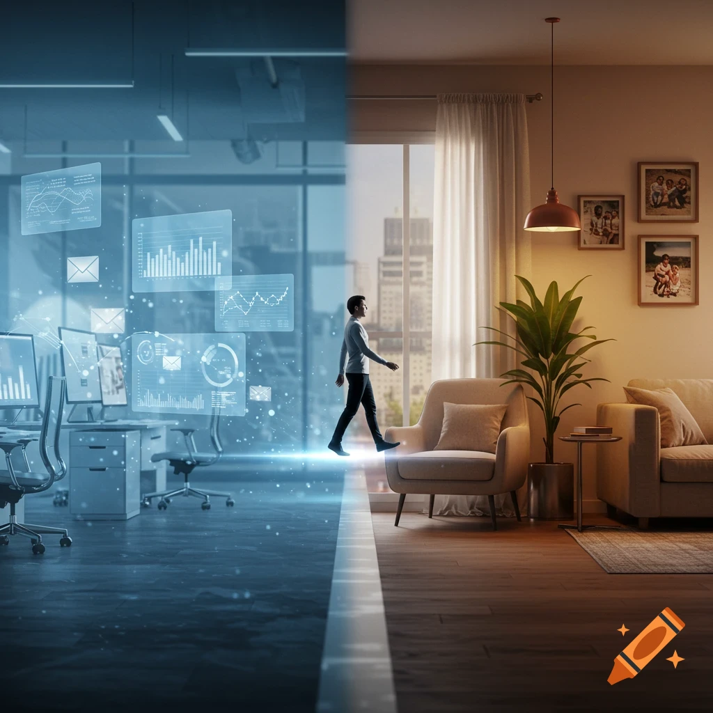 A man walks across a bright dividing line from a blue futuristic office with floating data screens to a warm, cozy living room.