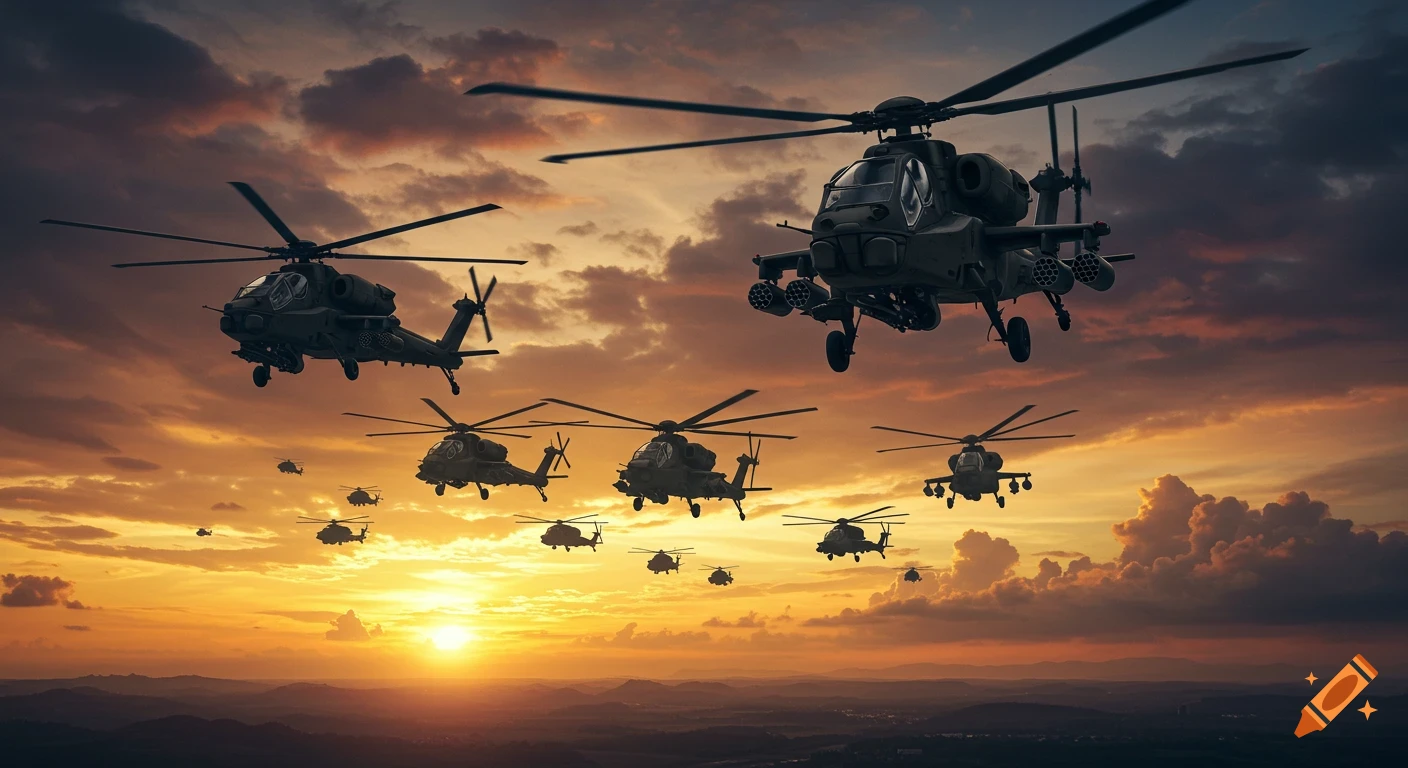 A formation of military helicopters flying against a vibrant sunset sky over mountains.
