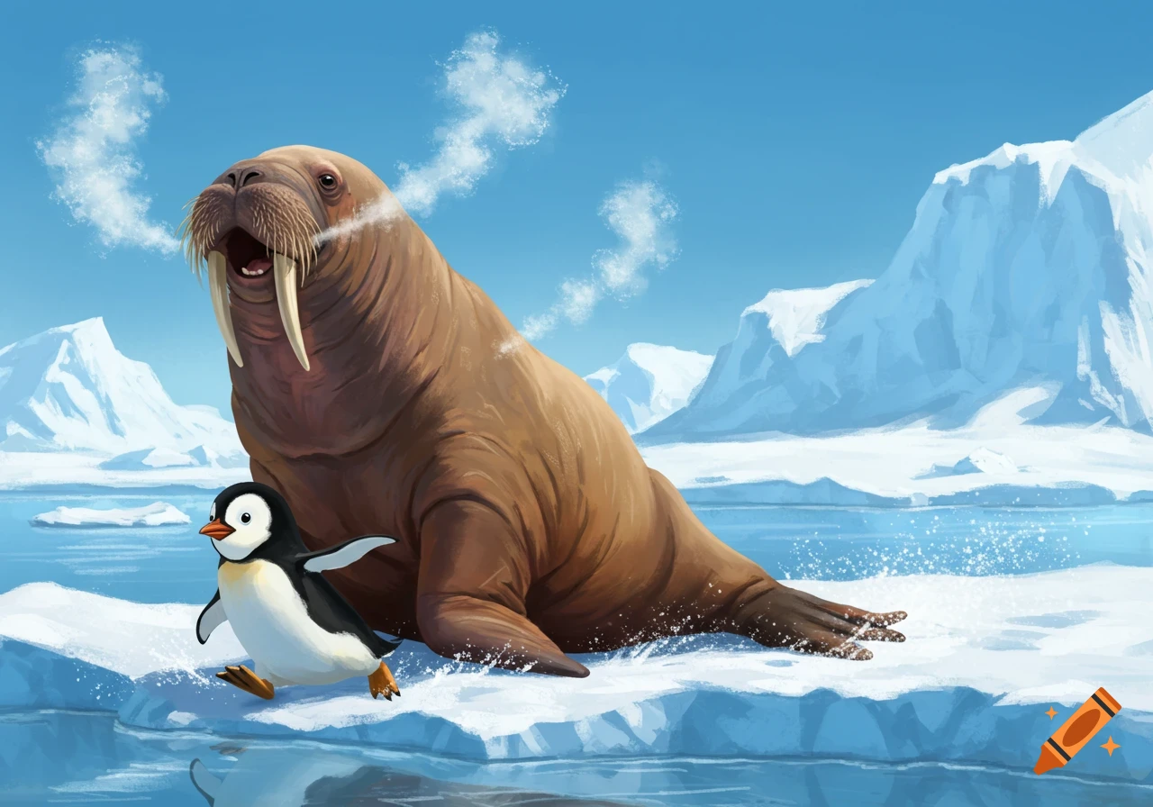 A cartoon walrus with steam coming from its nose and mouth sits on an ice floe next to a small penguin running across the ice.