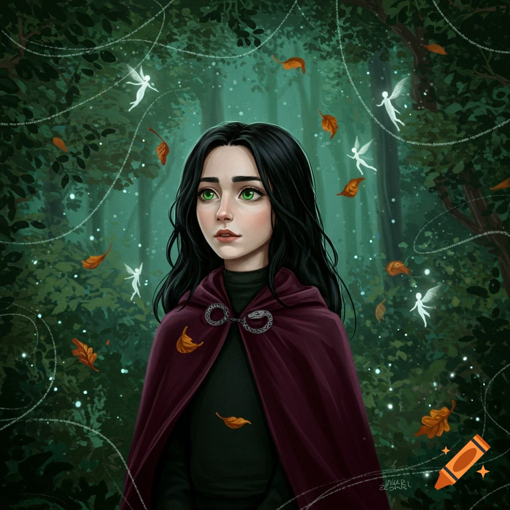 An illustration of a young woman with long dark hair and green eyes, wearing a dark red cloak, standing in a magical forest with fairies and floating leaves.