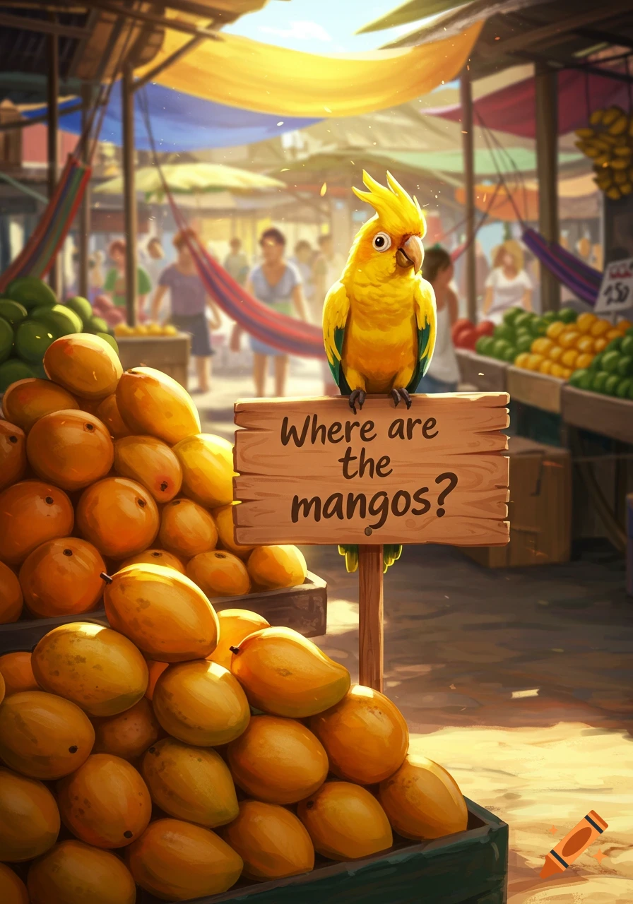 A bright yellow parrot sits on a wooden sign asking 'Where are the mangos?' next to a large pile of mangos in a bustling market.
