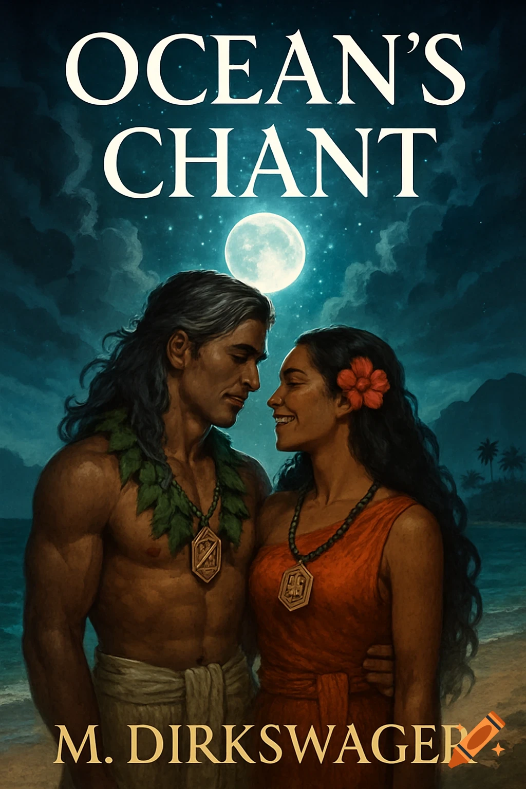Fantasy book cover of a Polynesian couple embracing on a beach under a full moon, with the title 'Ocean's Chant'.