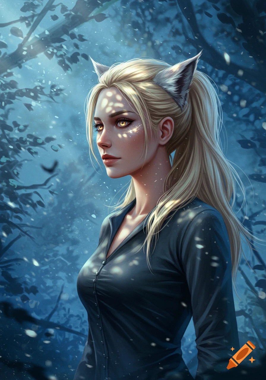 A blonde woman with subtle animal ears and golden eyes looks left in a mystical forest with dappled sunlight, digital art.
