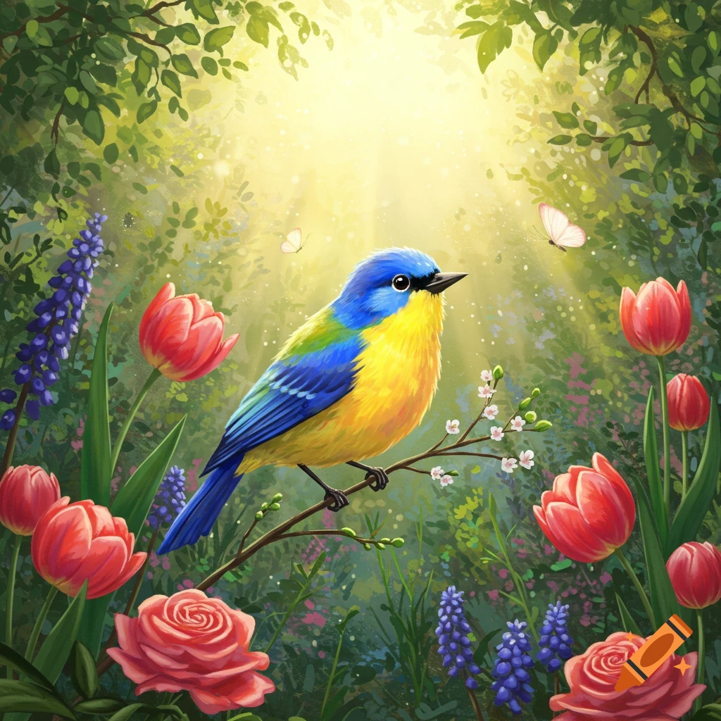 A colorful blue and yellow bird perches on a branch amidst a vibrant, sunlit garden filled with red tulips, purple hyacinths, and pink roses, in an illustrative style.