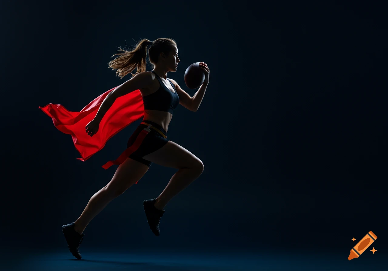 Photorealistic silhouette of a woman running with a football and a red flag against a dark navy background.