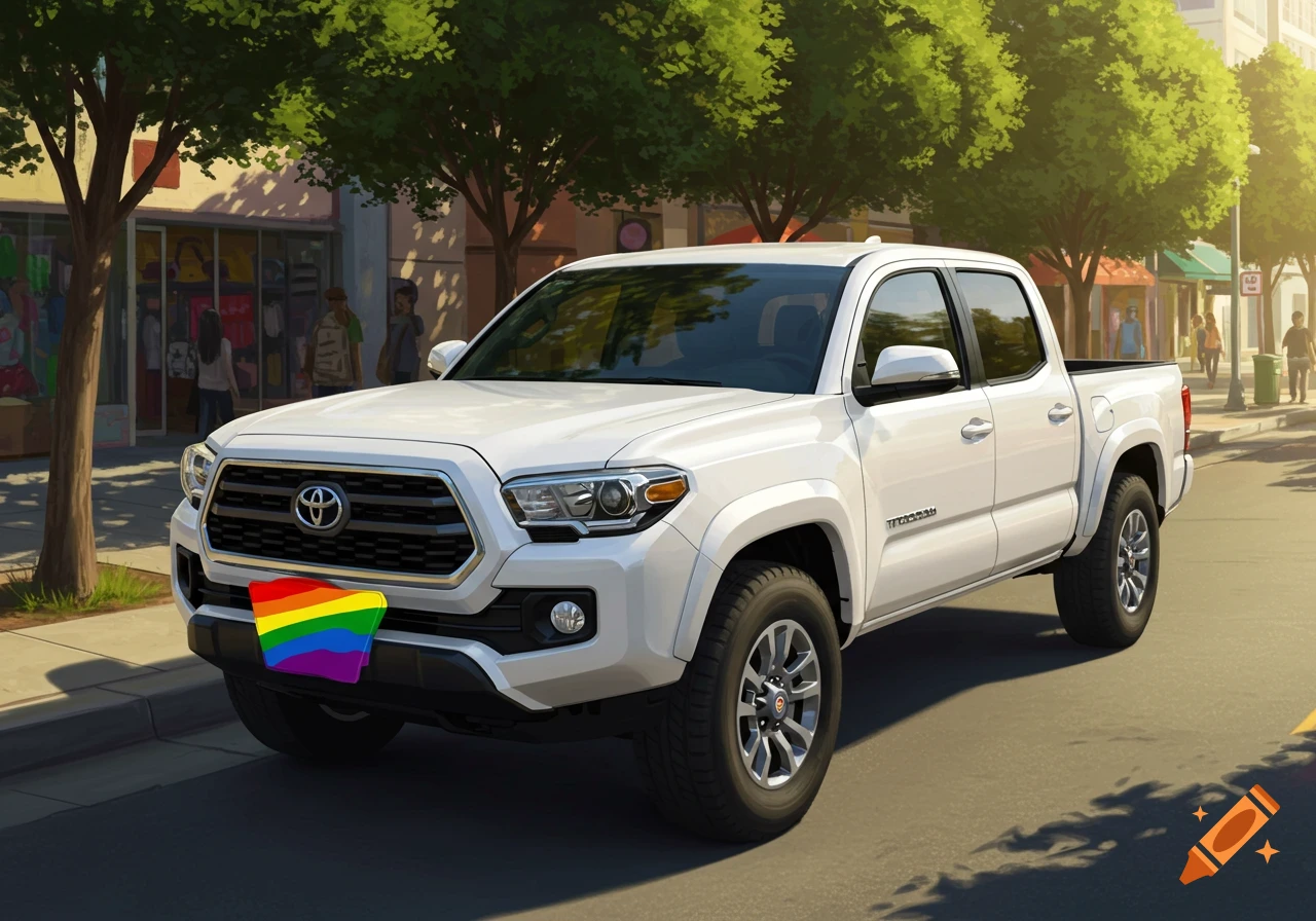 A white Toyota Tacoma pickup truck with a rainbow pride flag on the front bumper is parked on a city street.