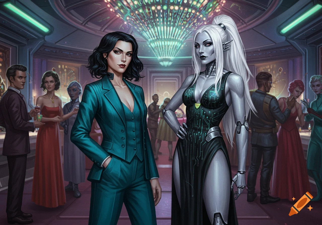 Two glamorous women, one human in a teal suit and one grey-skinned cyborg in a black gown, stand in a vibrant sci-fi gala ballroom with other guests.