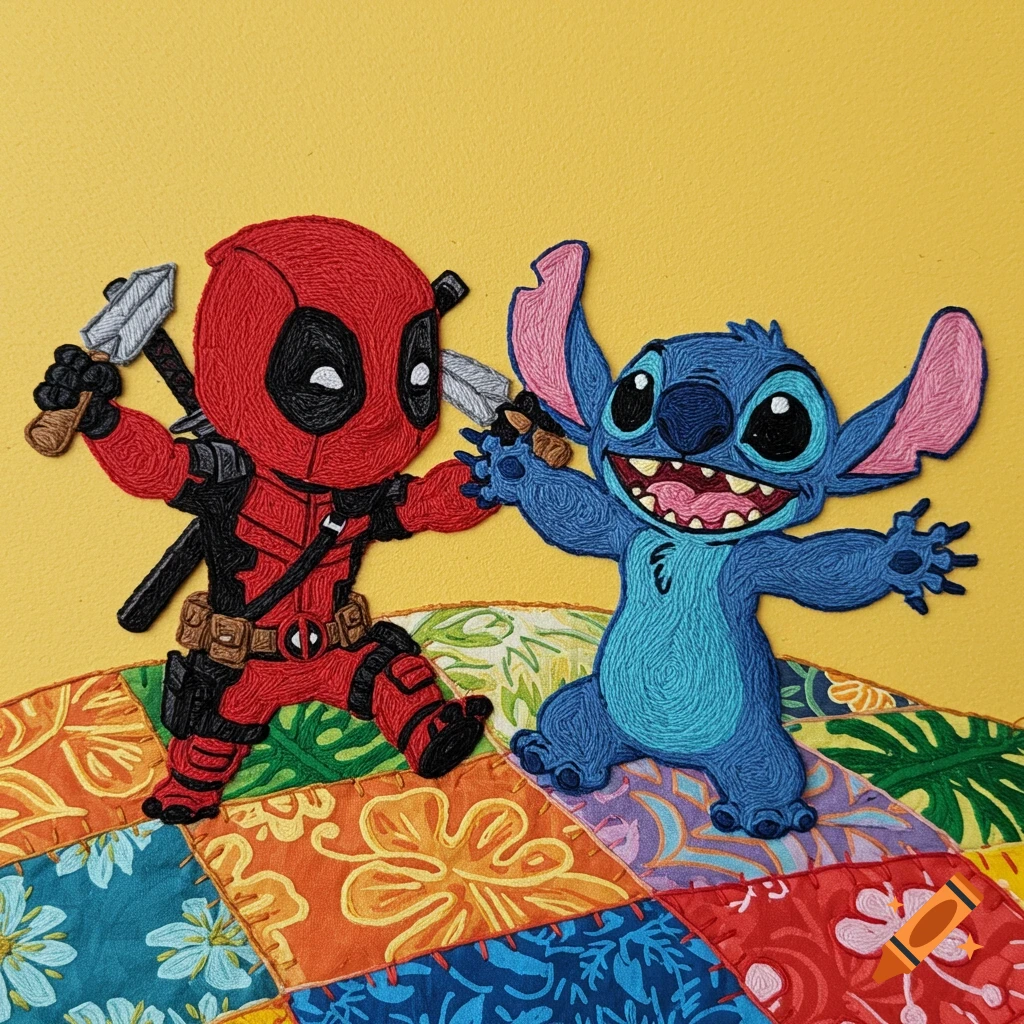 Kid Deadpool and Stitch from Lilo and Stitch playing on a colorful patchwork quilt, in embroidery style.