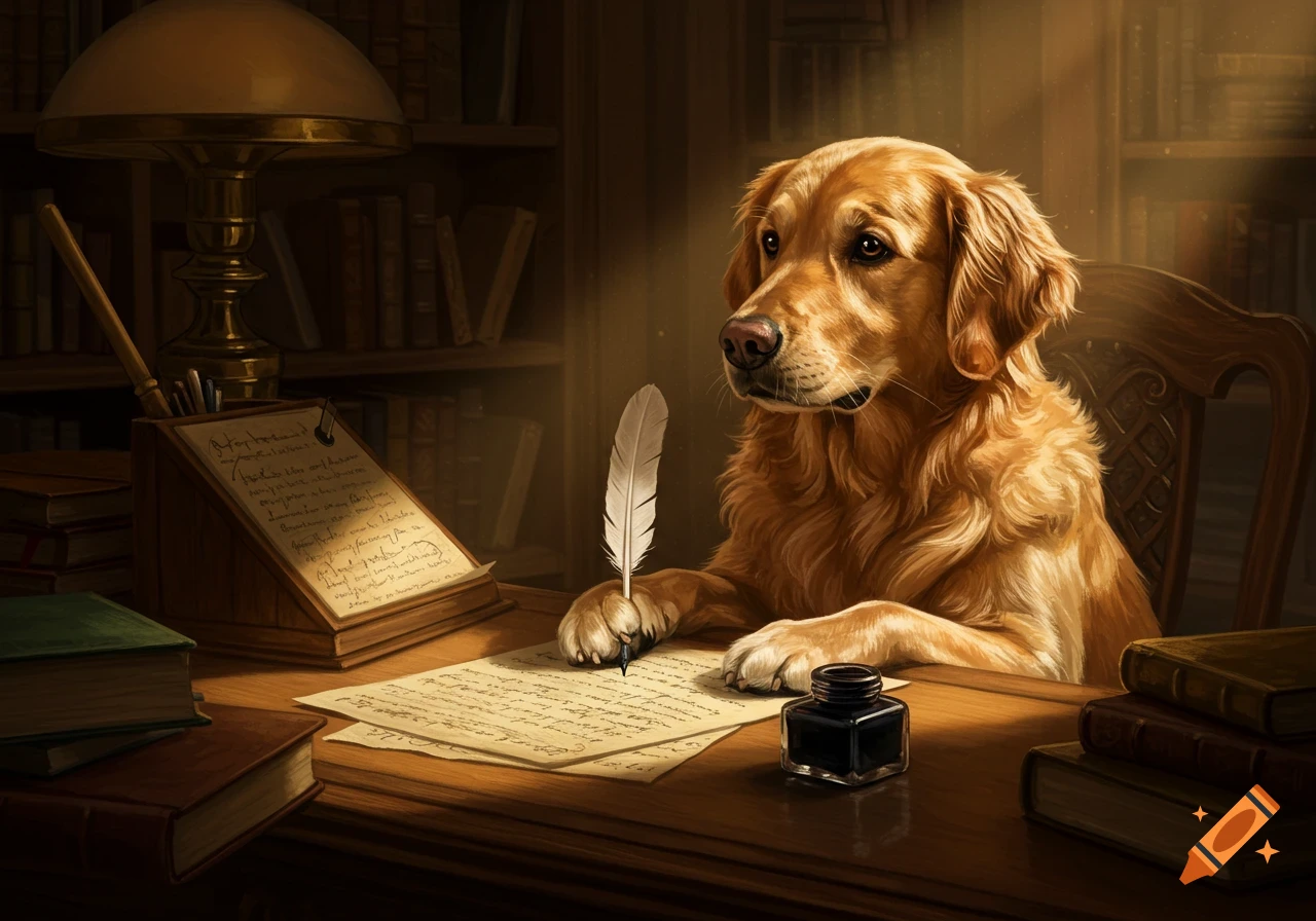 A golden retriever dog sits at a wooden desk in a dimly lit study, writing on paper with a quill and ink.