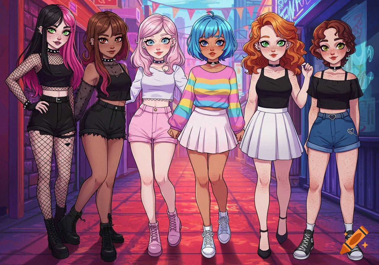 Six colorful anime-style girls in various trendy outfits stand together on a vibrant street at night.