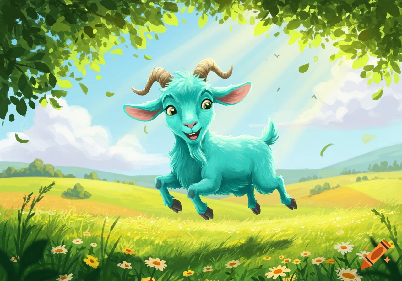 A cheerful teal cartoon goat jumps in a sunny green field with flowers under a blue sky.