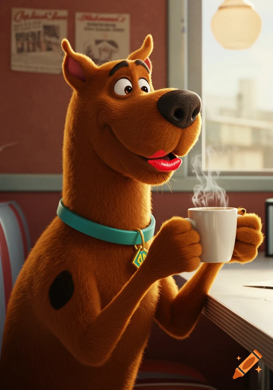 A 3D animated Scooby Doo wearing red lipstick and a turquoise collar, holding a steaming white coffee mug at a diner table.