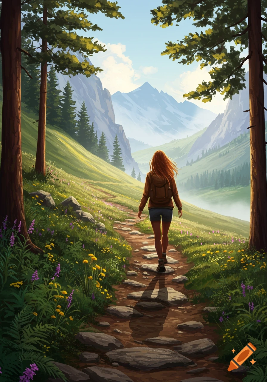 A woman hikes a winding rocky path through a lush mountain valley with trees and wildflowers, digital painting.