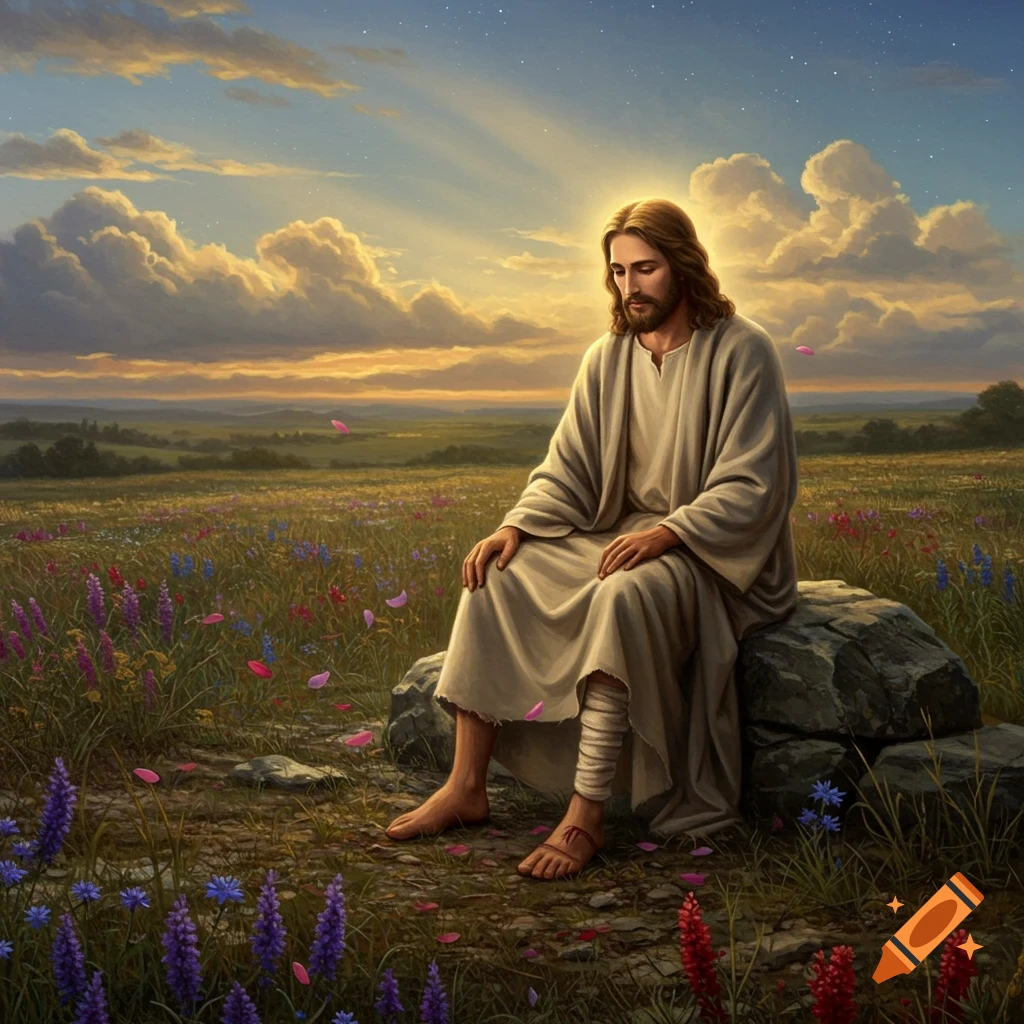 Jesus sits on a rock in a vibrant field of wildflowers under a cloudy sunset sky, with light rays shining from above.