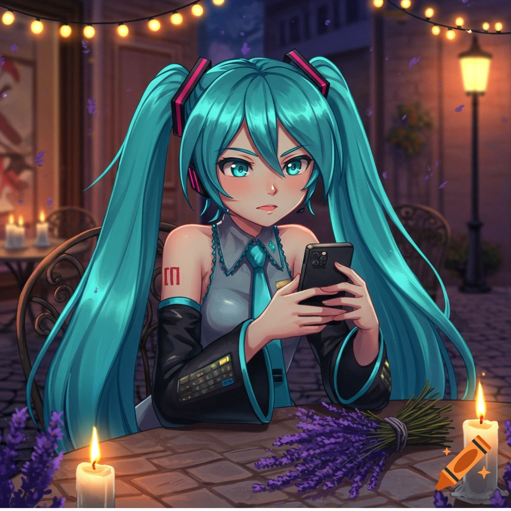Anime-style illustration of Hatsune Miku with long teal pigtails, looking disgruntled while holding a phone at a candlelit outdoor cafe.