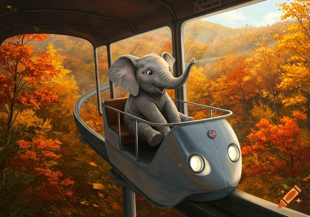 A cute baby elephant smiles while riding a monorail through a colorful autumn forest.