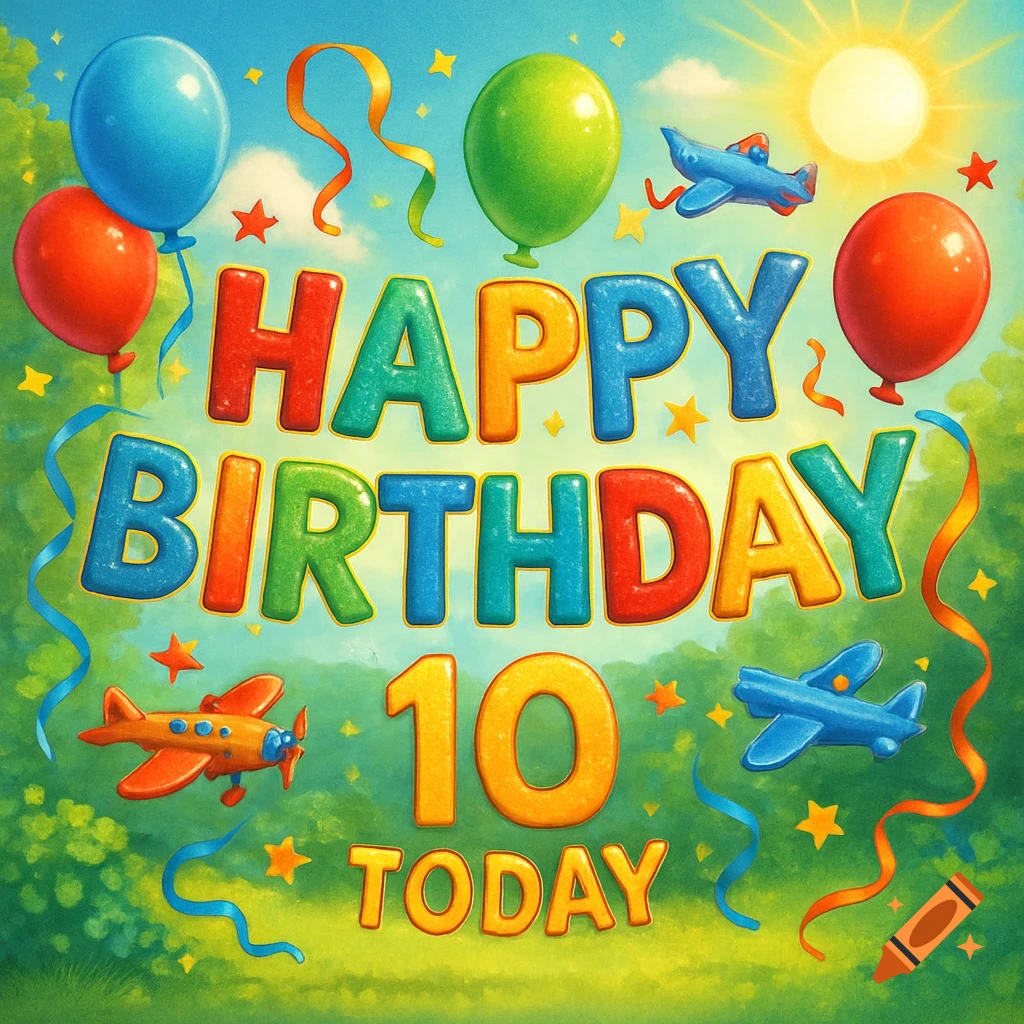 Colorful happy birthday banner with balloons, small airplanes, stars, and text 'HAPPY BIRTHDAY 10 TODAY' against a blue sky.