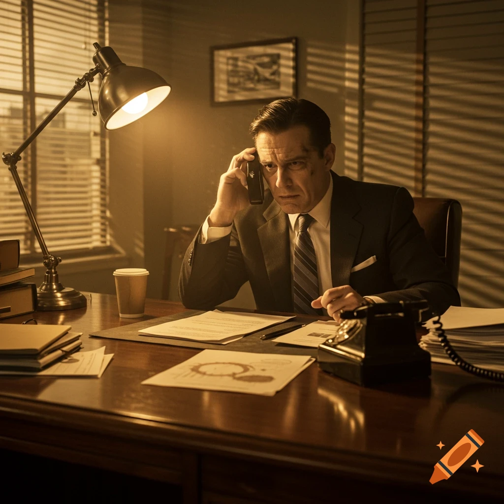 A stressed man in a suit talks on a vintage phone at a dimly lit wooden desk in a retro office.