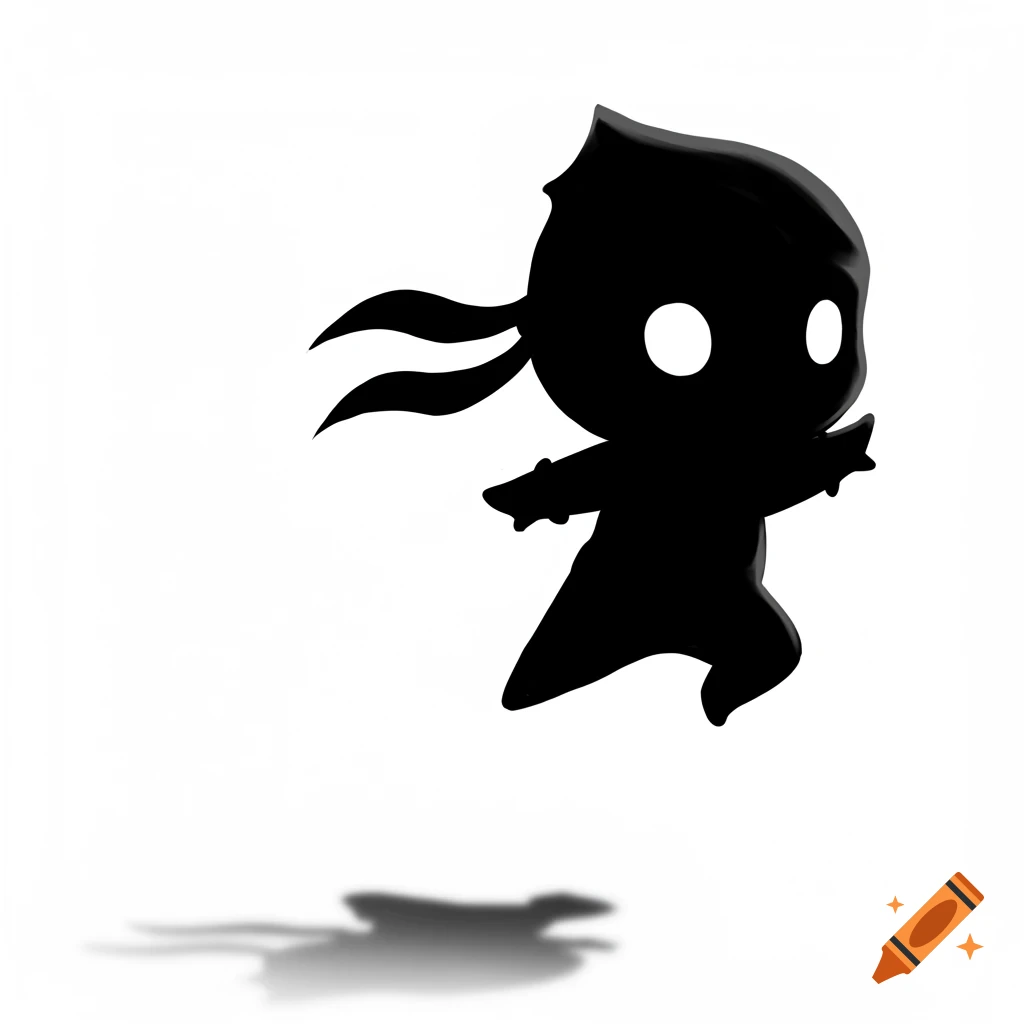 A cute black silhouette of a ninja character jumping, with a shadow, on a white background.