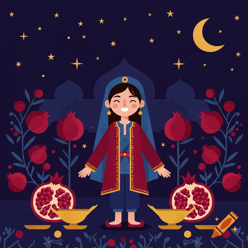 A smiling cartoon girl in a traditional red and blue outfit with a veil stands under a starry night sky with pomegranates and golden lamps.