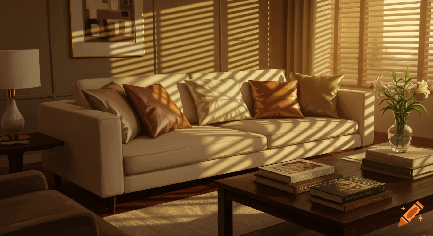 A sunlit living room with a cream sofa, brown blinds, a coffee table with books, and a vase of lilies.
