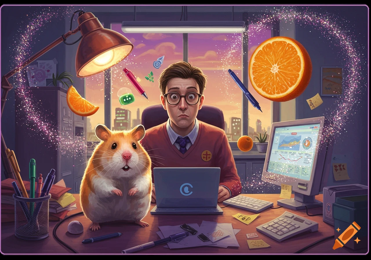 A wide-eyed man sits at an office desk with a large hamster, surrounded by floating oranges, pens, and pink glitter.