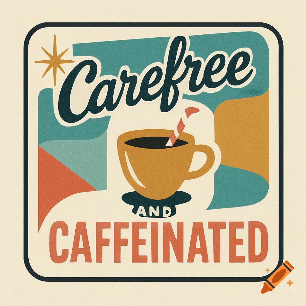 A retro-style logo with 'Carefree and Caffeinated' text, featuring a coffee cup with a straw and a starburst, in teal, yellow, and coral.