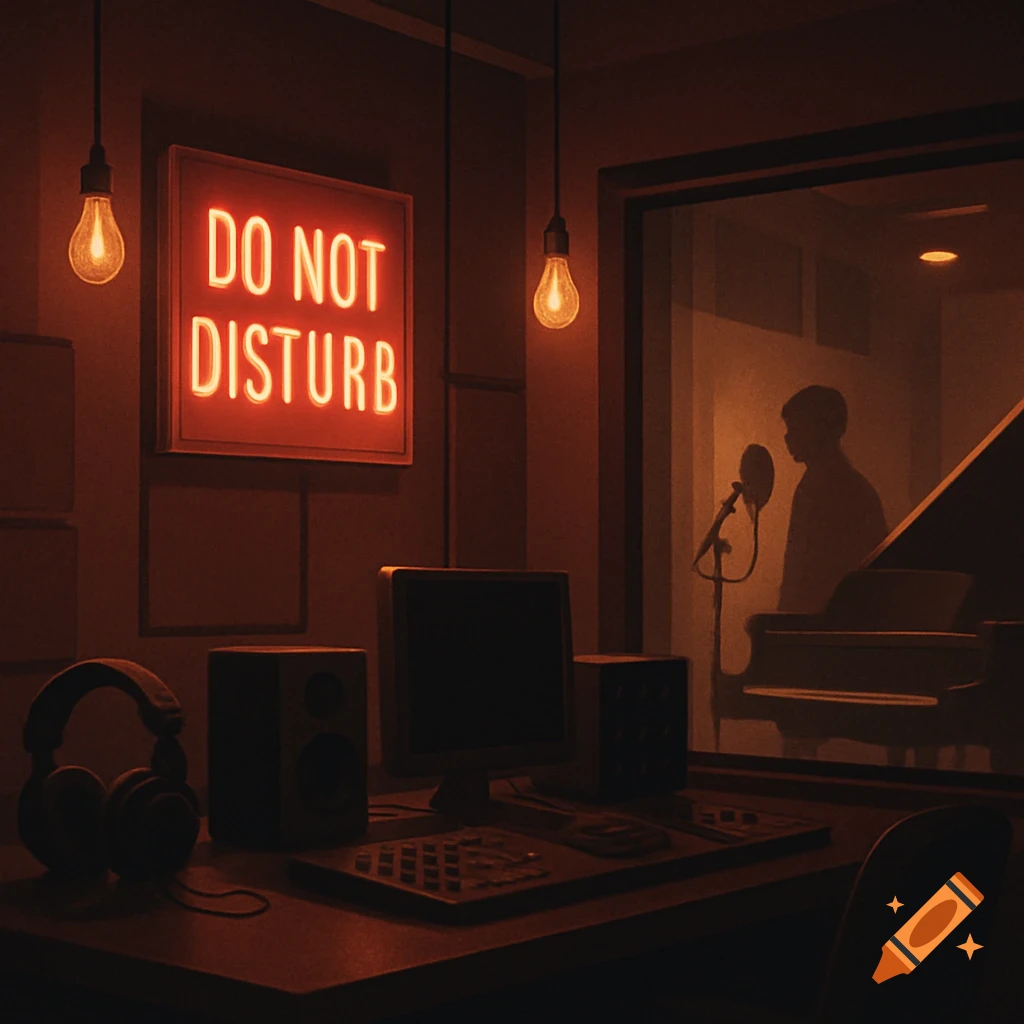 A dark recording studio with a red neon "DO NOT DISTURB" sign, showing a silhouette of a person at a microphone and piano.