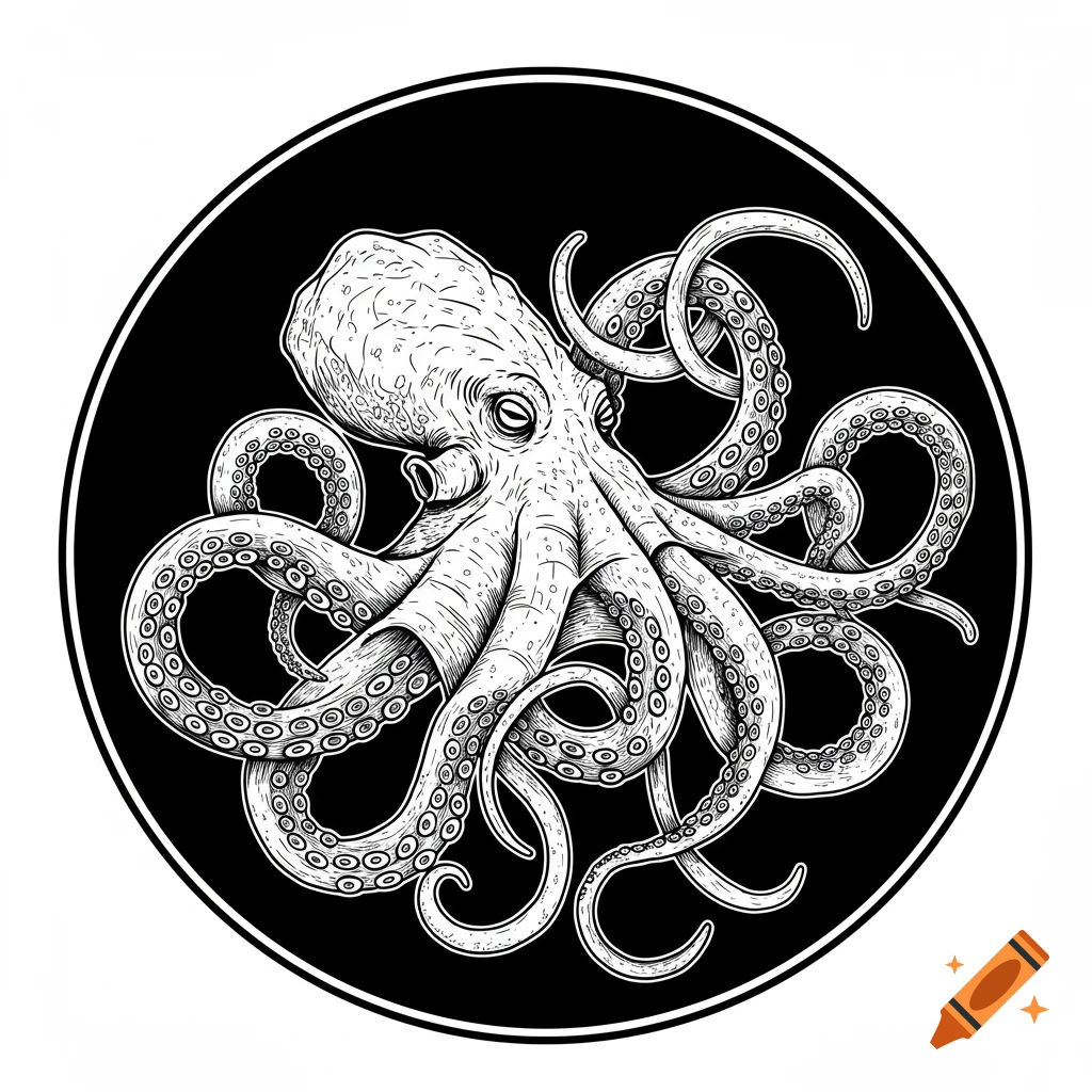 Black and white line art illustration of an octopus with tentacles splayed within a circular frame.