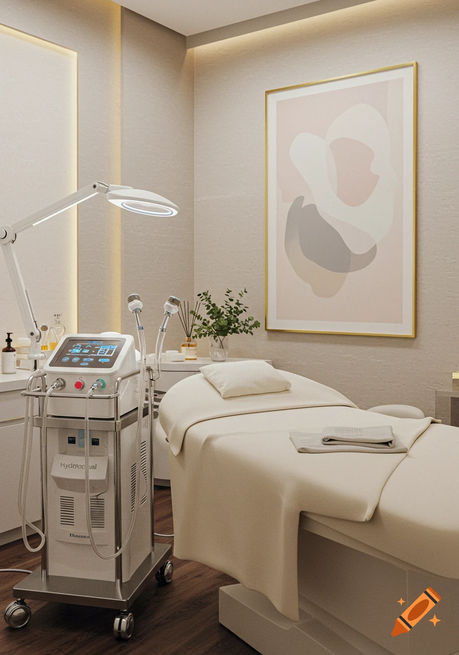 A clean, modern medical spa room with a treatment bed, an illuminated magnifying lamp, and a hydrafacial machine, featuring minimalist decor and warm lighting.