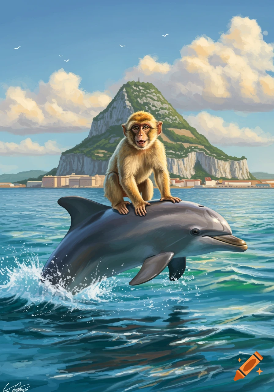 An illustration of a brown monkey riding a grey dolphin jumping from the blue ocean with the Rock of Gibraltar in the background.