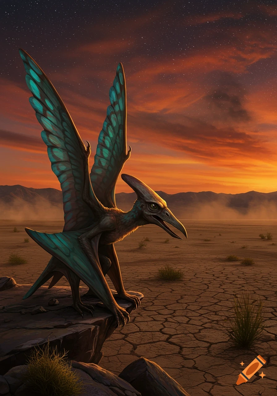 A detailed illustration of a pterodactyl-like creature with teal wings perched on a rock in a cracked desert landscape under an orange sunset sky.