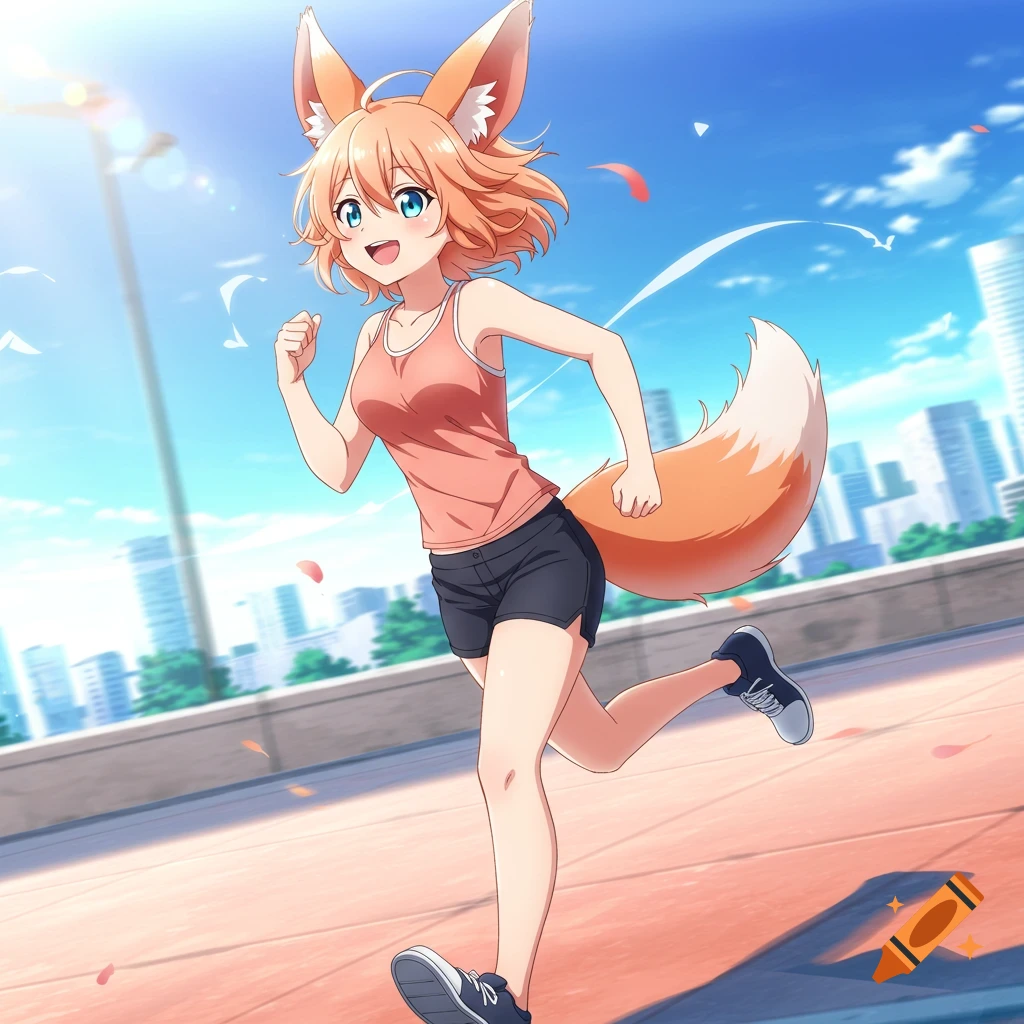 An anime girl with peach hair and fennec fox ears runs outdoors in a city, wearing a tank top and shorts.