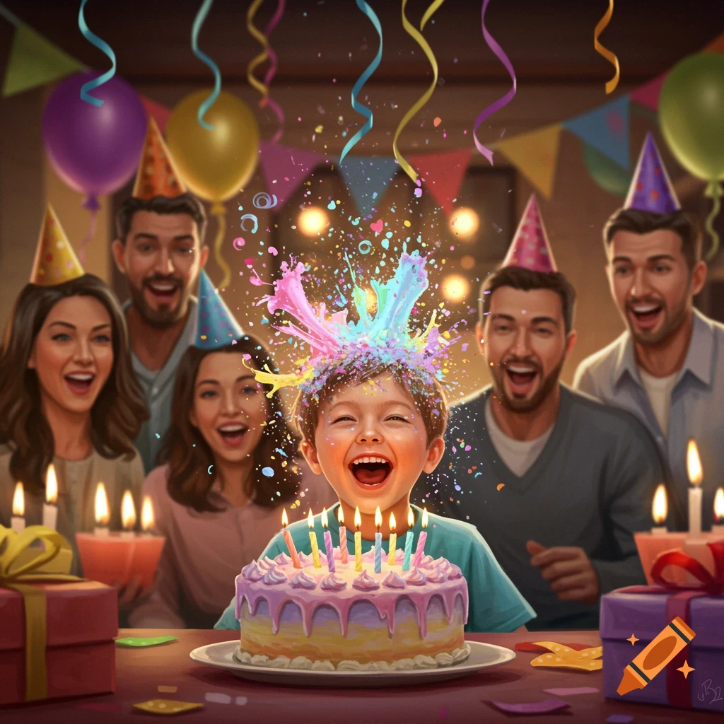A happy child smiles broadly behind a birthday cake with lit candles, as colorful confetti or liquid explodes above their head. Adults in party hats are in the background.