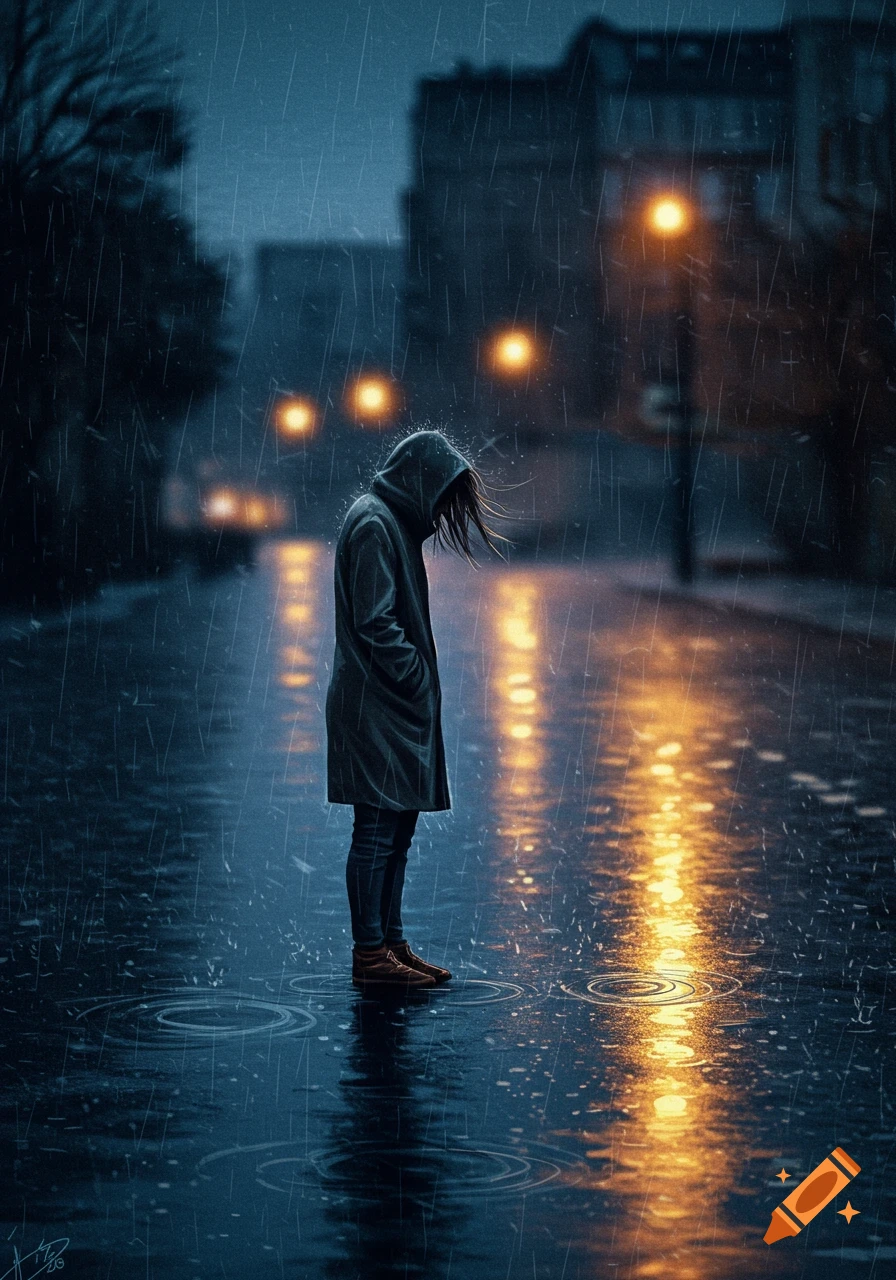 A lone figure in a hooded coat stands in a dark, rainy street at night, illuminated by orange streetlights reflecting on the wet ground.