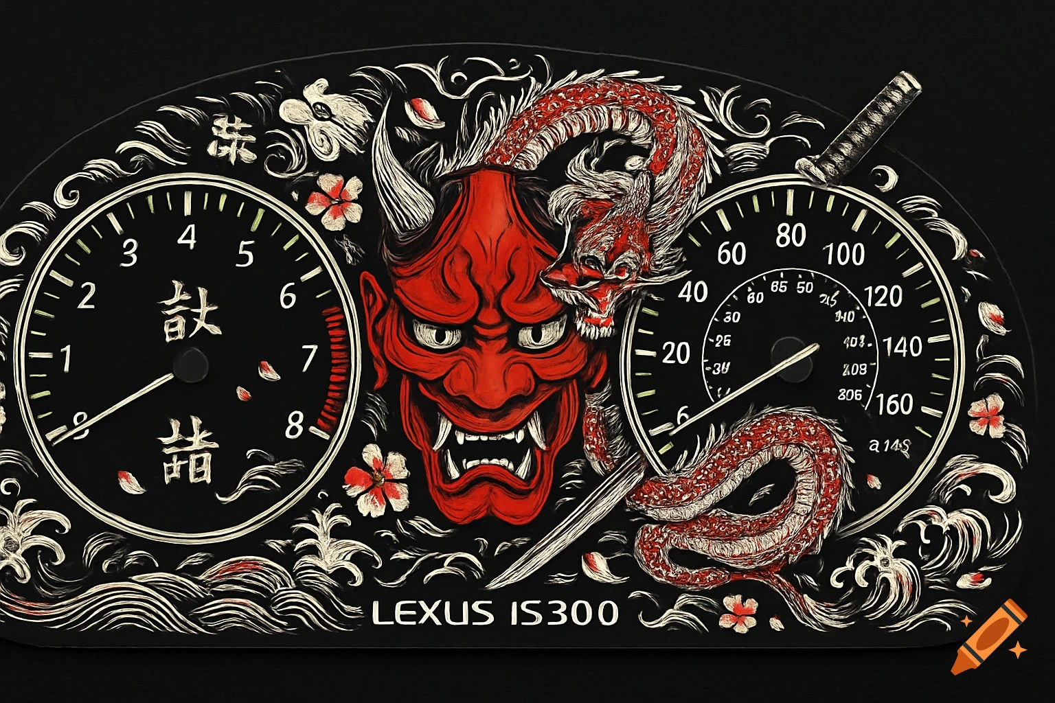 A custom car instrument cluster for a Lexus IS300, styled with traditional Japanese art featuring a red Oni mask, a coiled dragon, a katana, and cherry blossoms on a black background.