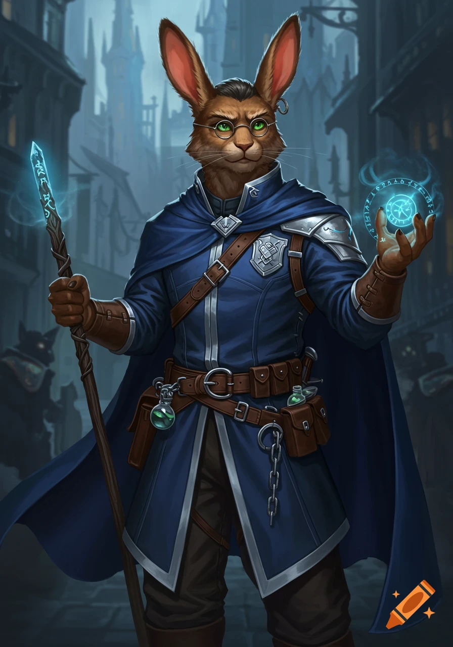 A confident male harengon (rabbit-person) wizard in a blue uniform and cloak, holding a glowing staff and casting a spell, in an urban fantasy setting.