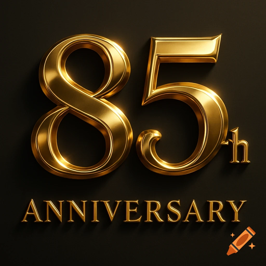 Golden 85th Anniversary text on a dark background, with elegant serif font and reflective highlights.