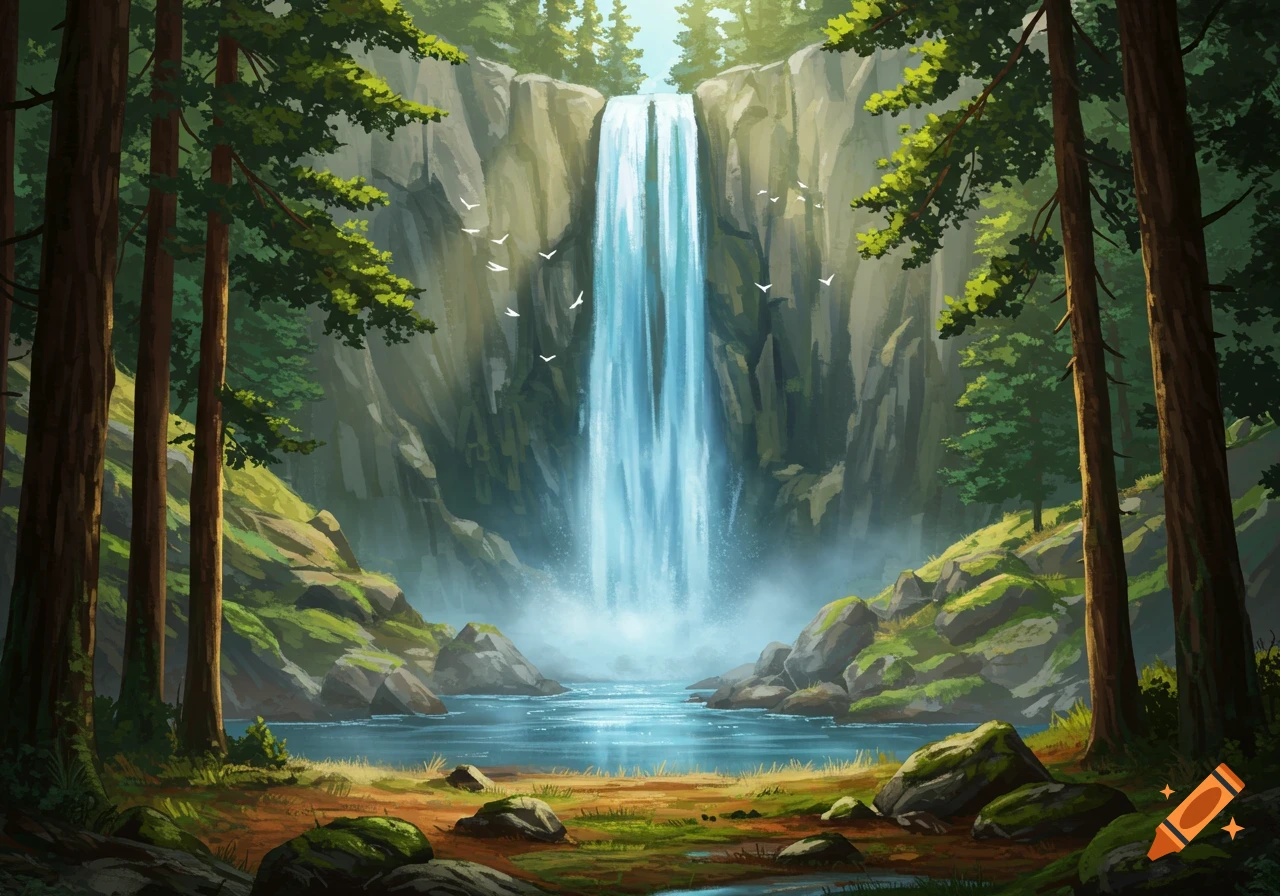 Vibrant digital painting of a majestic waterfall in a forest, surrounded by tall pine trees and rocky cliffs, with birds flying.