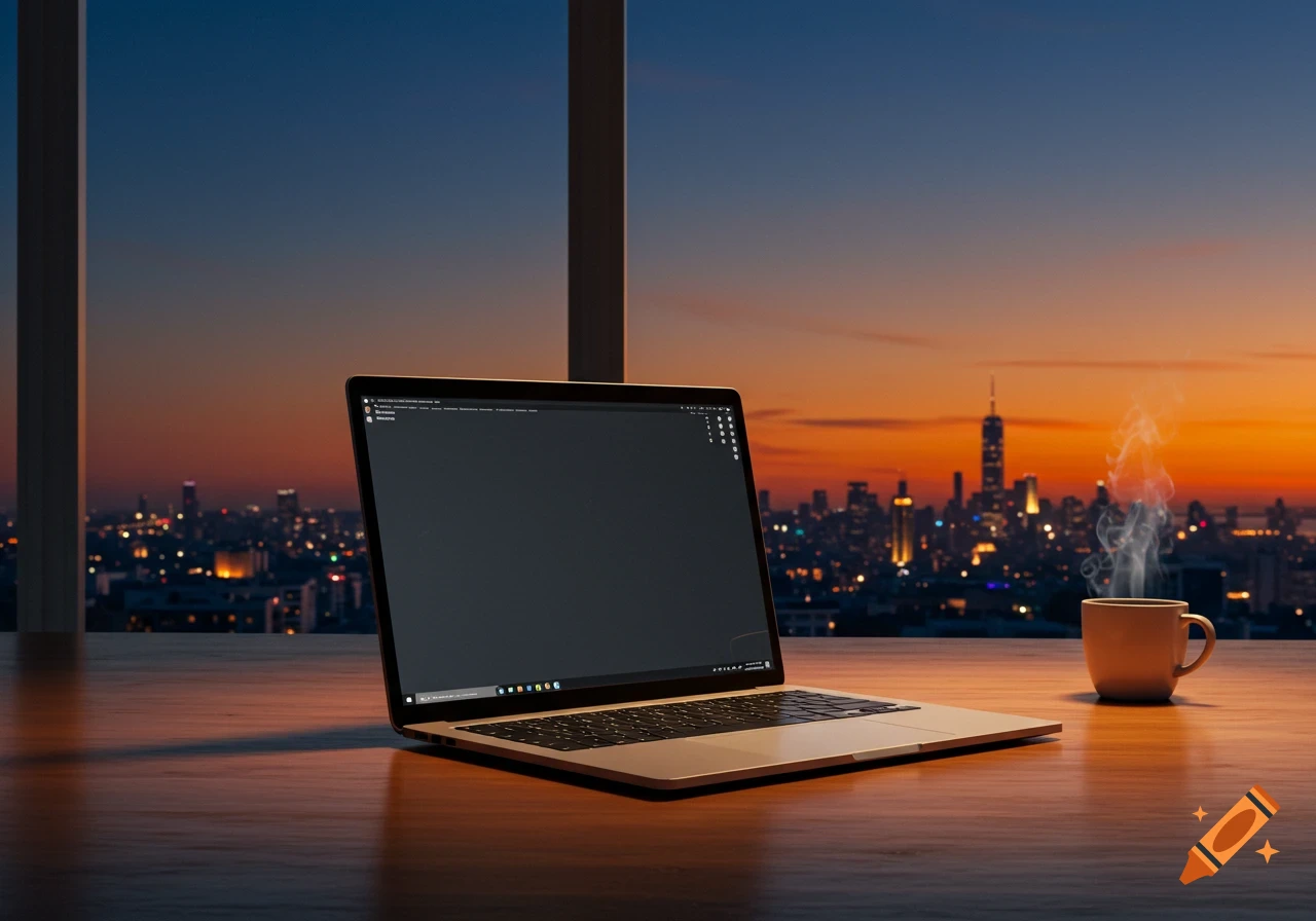 A laptop and a steaming coffee mug on a wooden desk, overlooking a city skyline at dusk from a high-rise window.