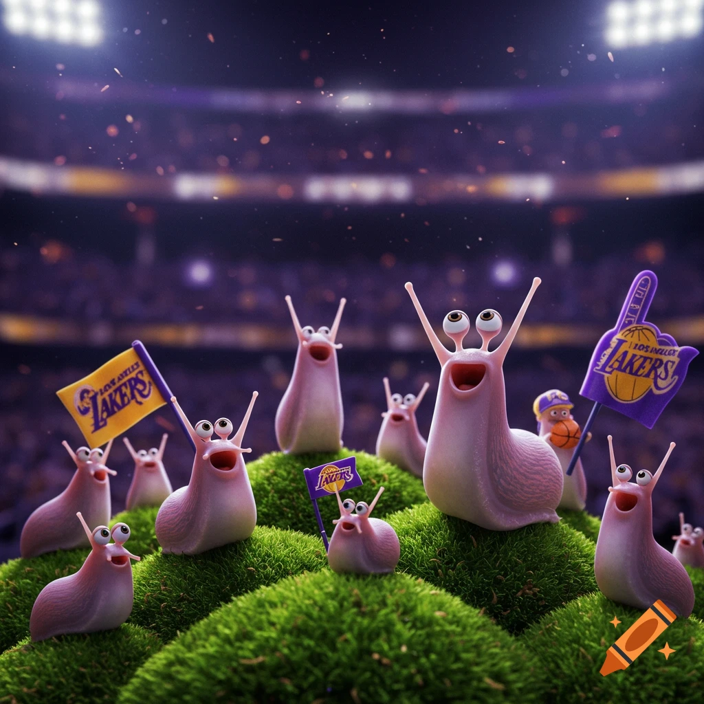 Cartoon slugs with large eyes cheering in a stadium, some holding Lakers flags and a foam finger.