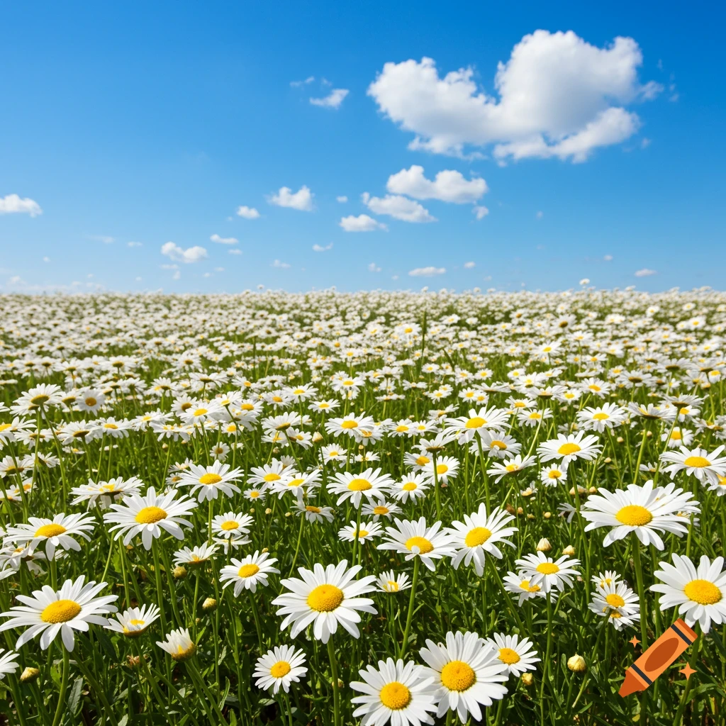 A vast field of white daisies under a bright blue sky with scattered clouds.