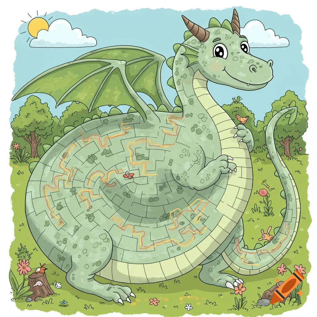 A whimsical cartoon illustration of a green dragon with a maze on its belly, sitting in a sunny field.
