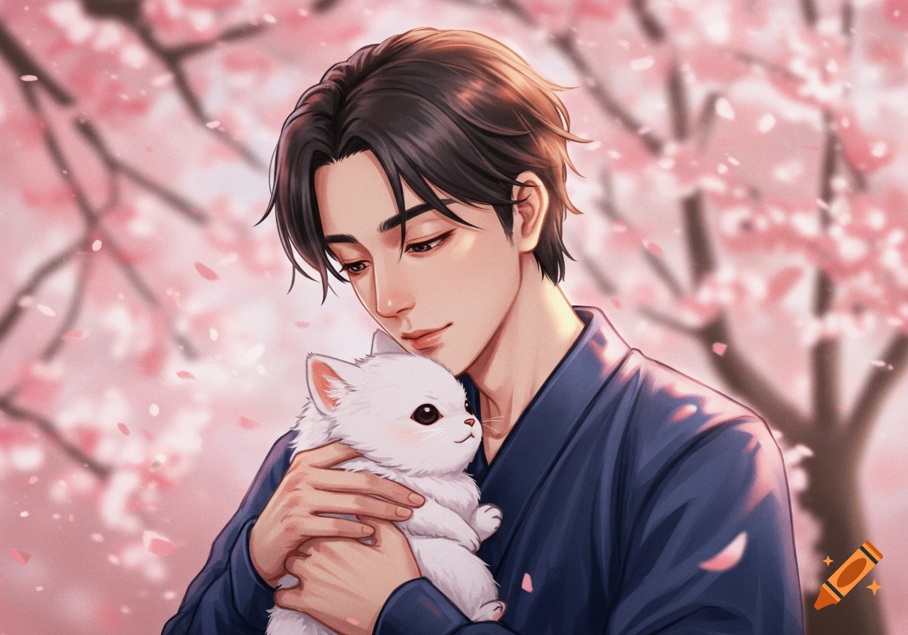 An anime man with dark hair holds a fluffy white kitten under falling pink cherry blossoms.